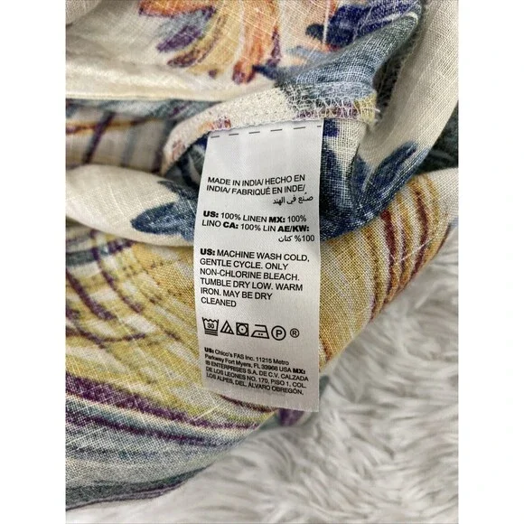 Chico’s Dress Hawaiian Floral Size 3 16/18 Linen Snap Up Pocket Drawstring Slits - Picture 12 of 16